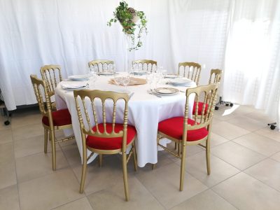 Chaises-Napoleon-or-assise-rouge-table-153cm-scaled Chaise Napoléon dorée, assise rouge cerise